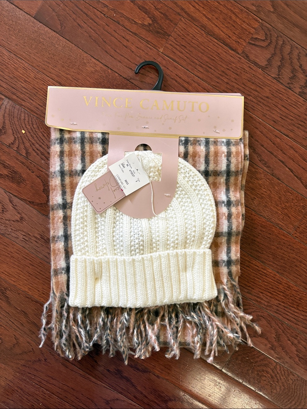 Vince Camuto Cream Knit Beanie with Neutral Plaid Fringe Scarf